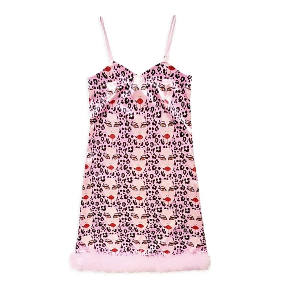 Patrick Church Rita Dress L New Pink Face Feather Indie Designer Rare Style